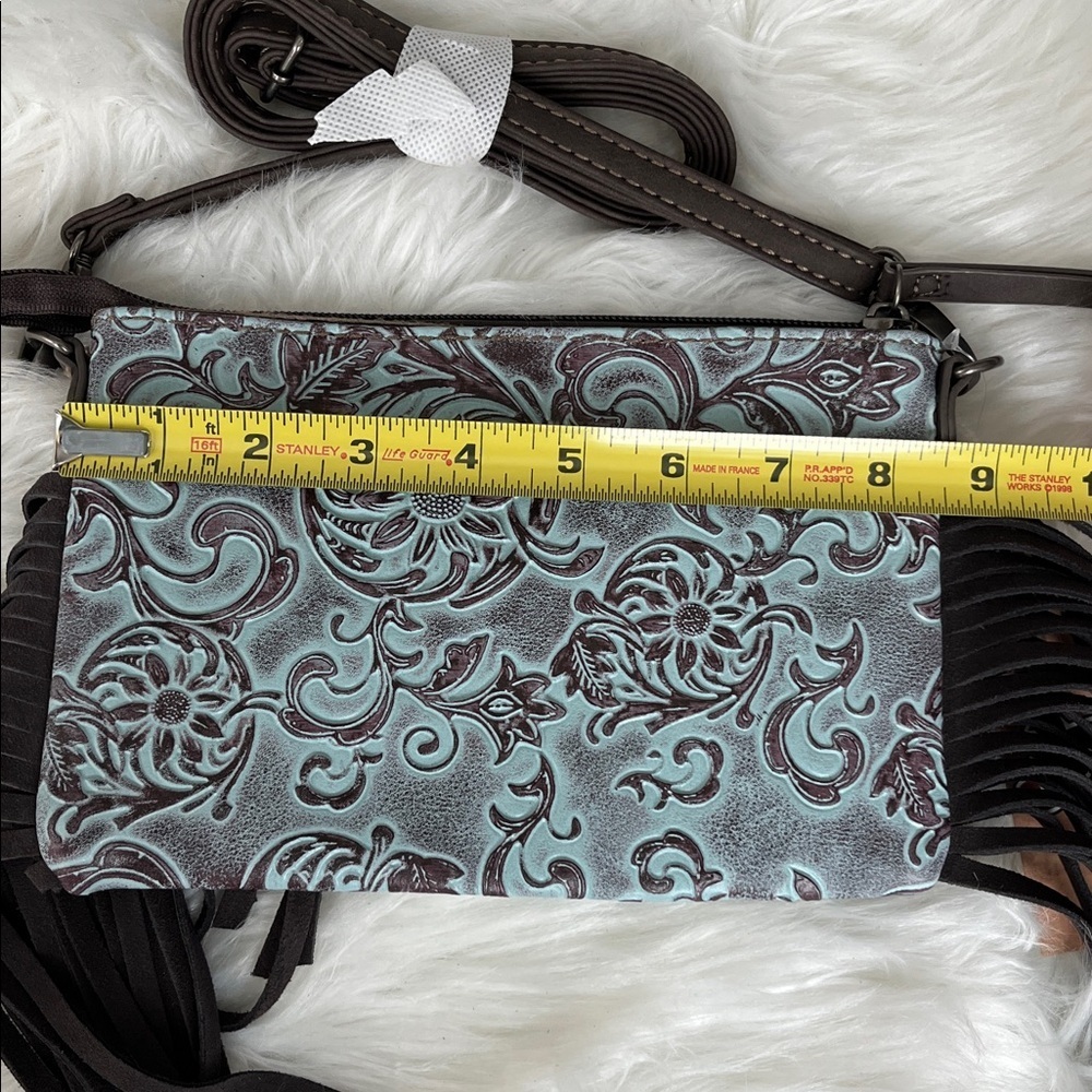 🆕 JUSTIN WOMEN'S CROSSBODY BAG TURQUOISE TOOLED SUNFLOWER PATTERN FRINGE - Picture 10 of 11